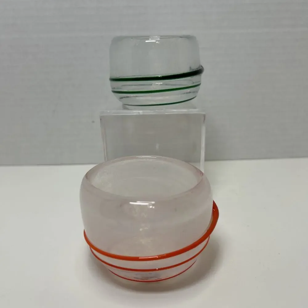 2 Hand Blown Studio Art Glass Votive Candle Holder Frosted Applied Green Orange